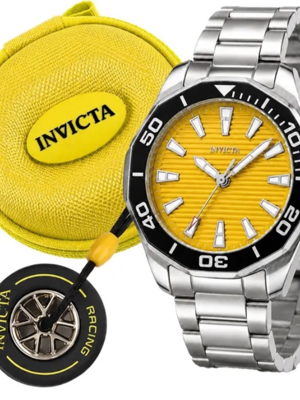 Invicta Stainless Steel Watch with Bright Yellow Dial and Black Bezel